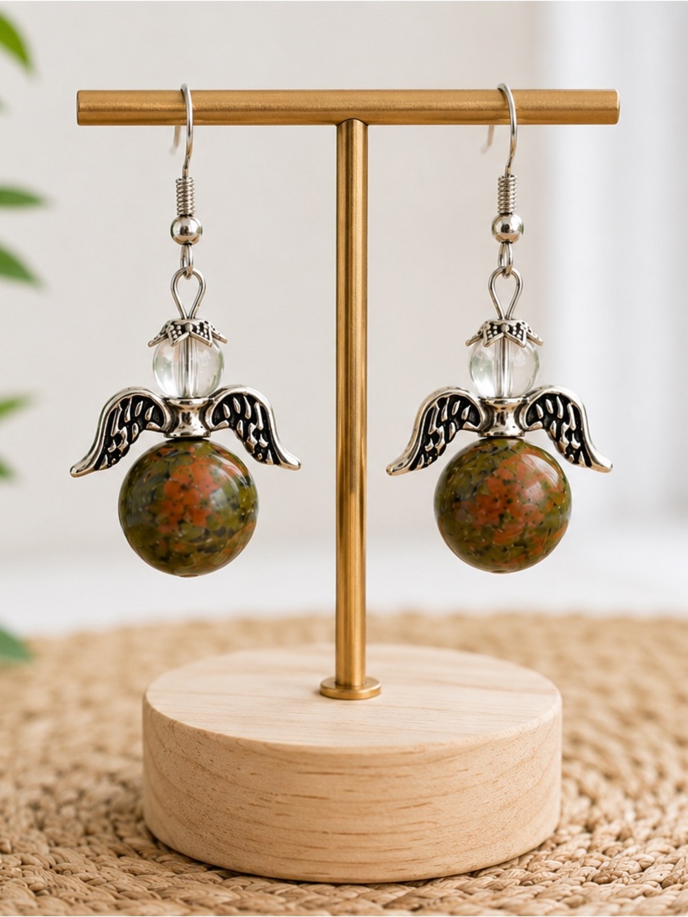 NWOT Unakite Angel Dangle Earrings Silver Tone Gemstone Guardian Angel 1.75"